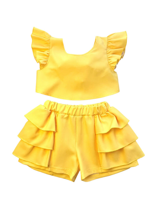 SWEET BABY SET OF SOLID-COLORED SHORTS WITH RUFFLES & BLOUSE WITH TIES