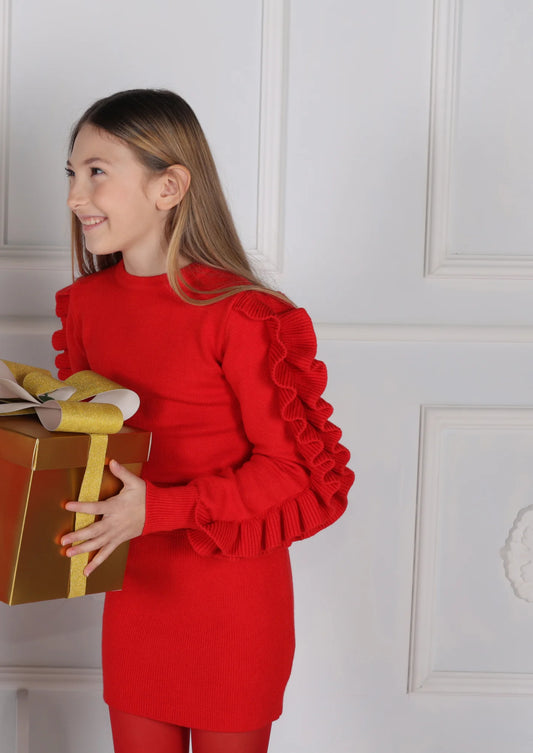 FUN FUN CREW NECK KNITTED WOOL SWEATER WITH RUFFLES