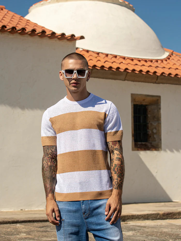 GIANNI KAVANAGH CAMEL STRIPED KNIT T SHIRT
