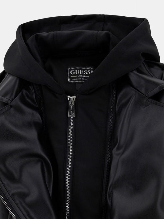 GUESS KIDS HOODED PU LEATHER JACKET