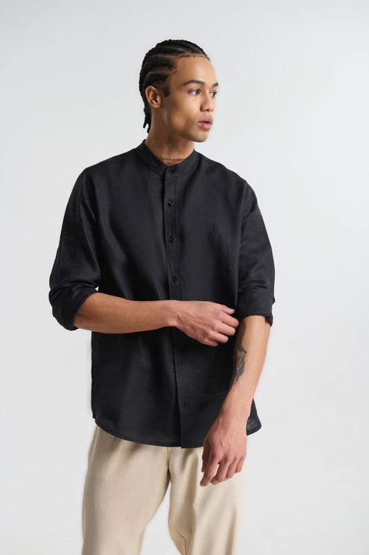 P/COC LINEN SHIRT WITH MAO COLLAR AND CHEST EMBROIDERY