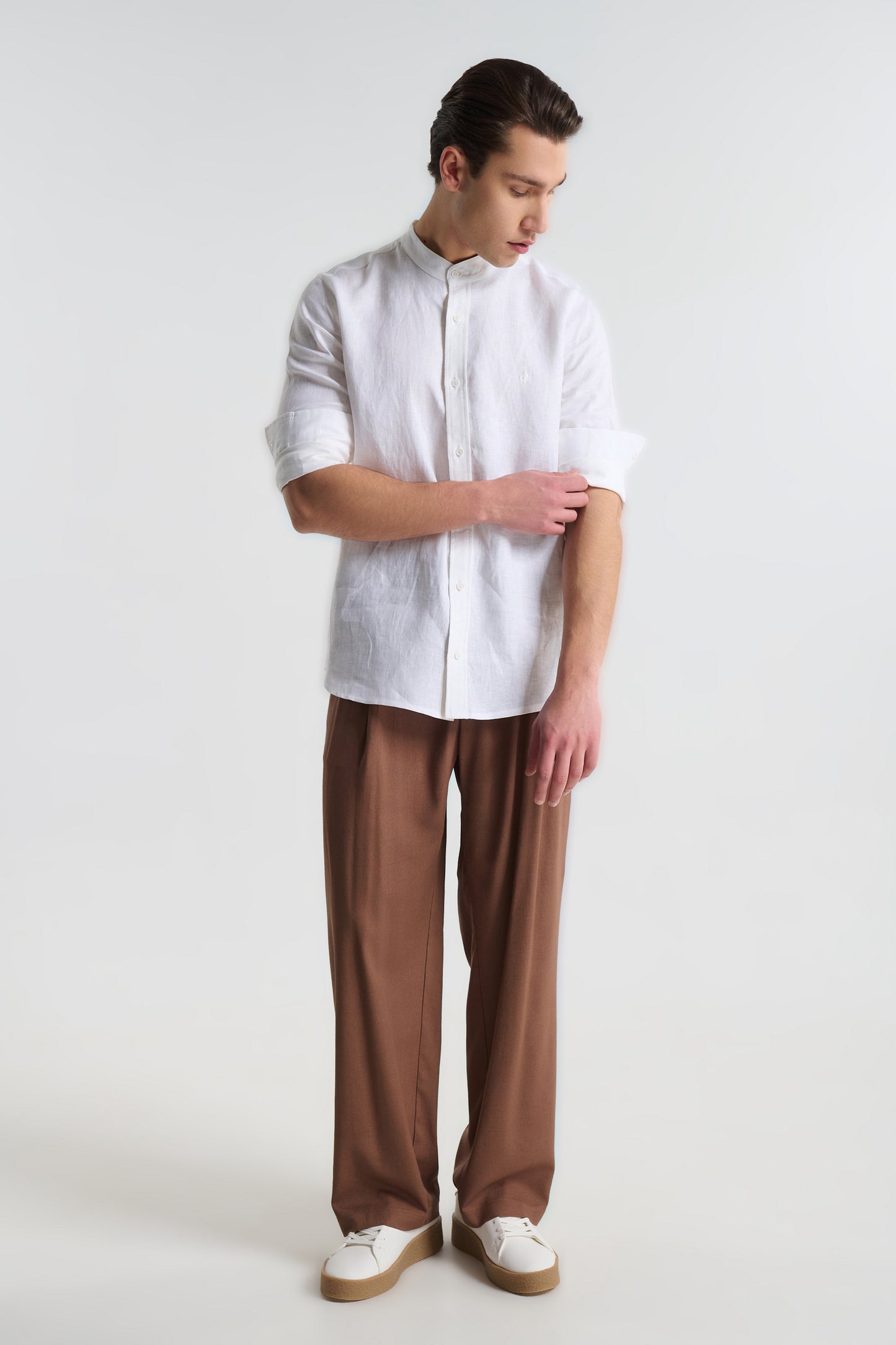 P/COC LINEN SHIRT WITH MAO COLLAR AND CHEST EMBROIDERY