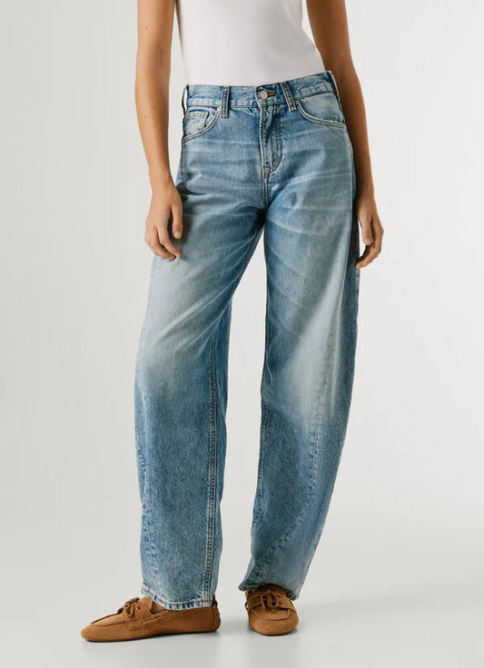 PEPE JEANS WOMAN LOOSE BOW SHAPED HW MID BLUE DENIM PANTS