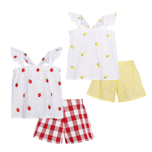 TWO IN A CASTLE FRUIT SET – EMBROIDERED TOP & VICHY SHORTS