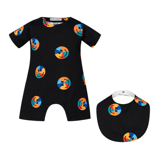 TWO IN A CASTLE COOL RAINBOW FACES ALLOVER BABY PLAYSUIT