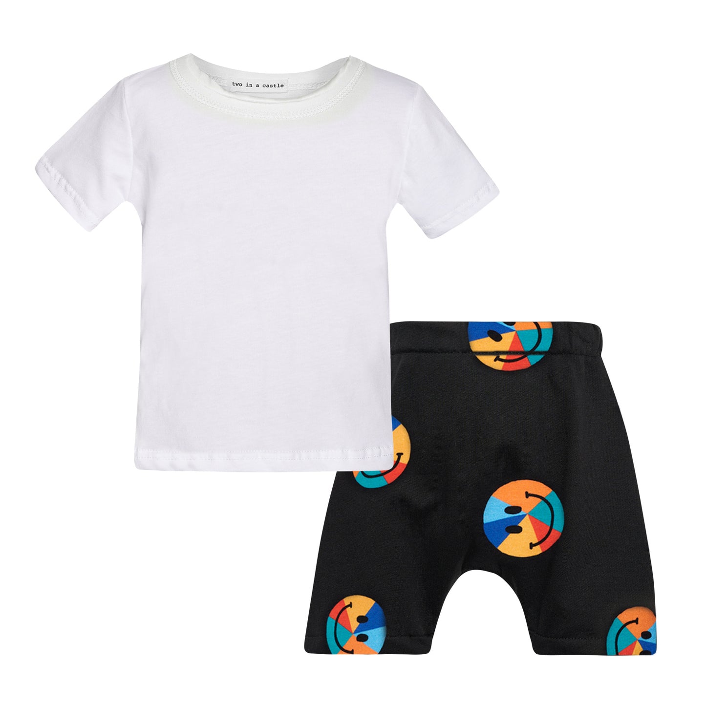 TWO IN A CASTLE COOL RAINBOW FACES T-SHIRT AND PRINT SLOUCHY SHORTS SET
