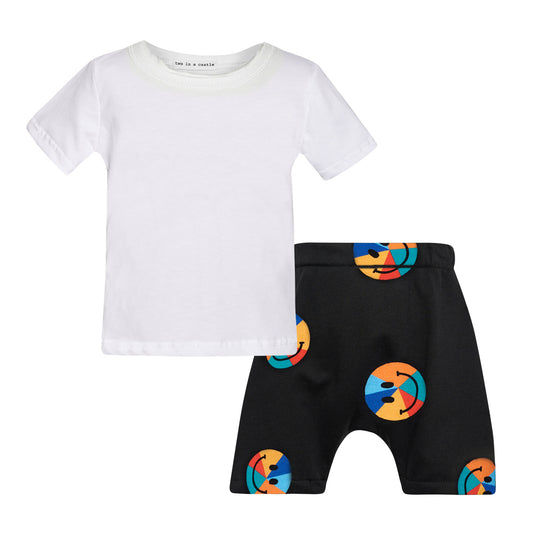 TWO IN A CASTLE COOL RAINBOW FACES T-SHIRT AND PRINT SLOUCHY SHORTS SET