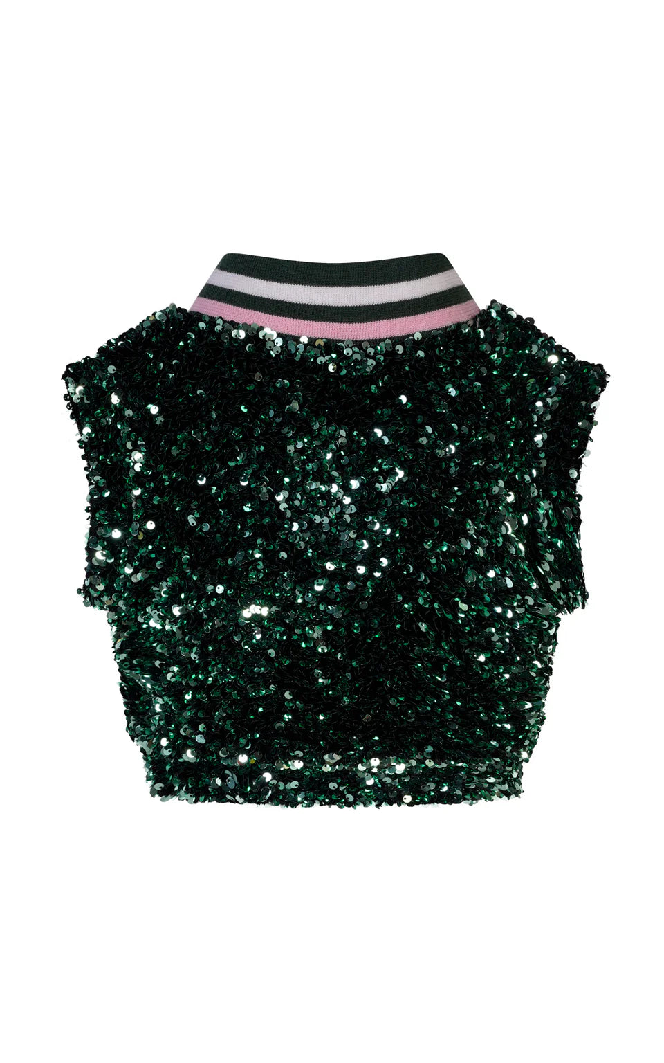 TOP - SEQUINED VEST WITH POINTED COLLAR IN STRIPED KNIT RIB