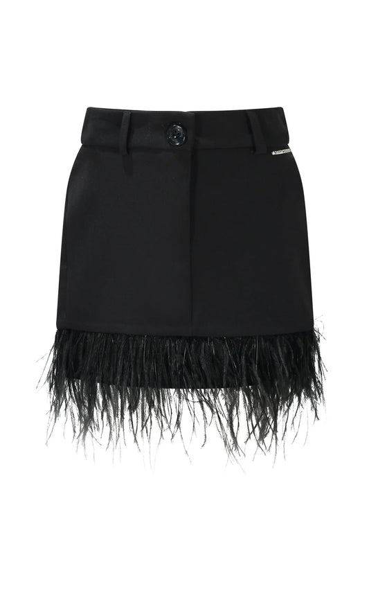 MARC ELLIS SKIRT IN SOFT TECHNICAL FABRIC WITH FEATHER HEM AND LOGO PLAQUE