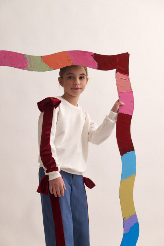 TWO IN A CASTLE NOT JUST ANOTHER RED BOW DENIM PANTS