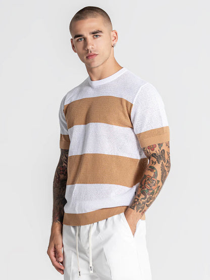 GIANNI KAVANAGH CAMEL STRIPED KNIT T SHIRT