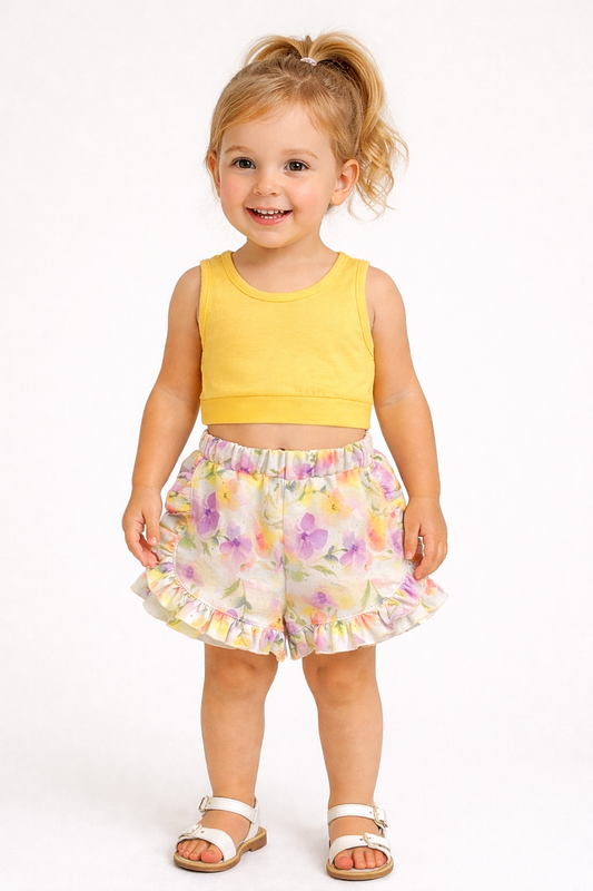 SWEET  BABY SET WITH LILAC PRINTED SHORTS & TOP WITH TIE AT THE BACK