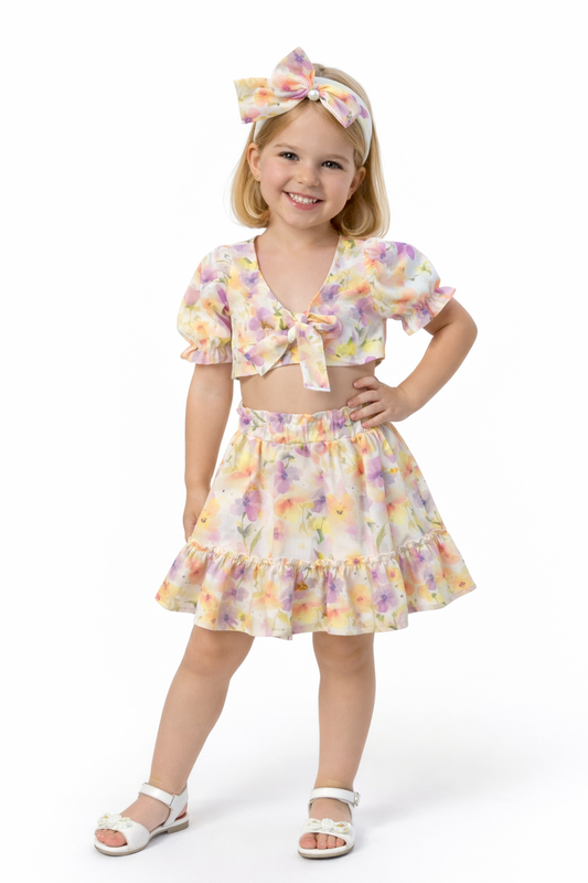 SWEET BABY LILAC PRINTED TIE-FRONT SKIRT AND TOP SET