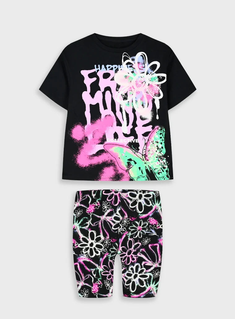 ENERGIERS KIDS PRINTED T SHIRT & BIKER LEGGINS SET