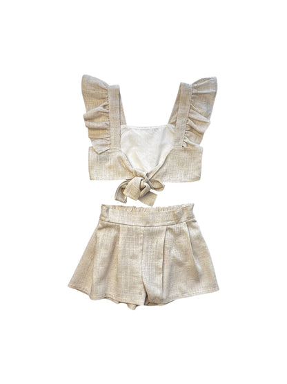 SWEET BABY LINEN SET WITH LACE TOP AND TIE AT THE BACK