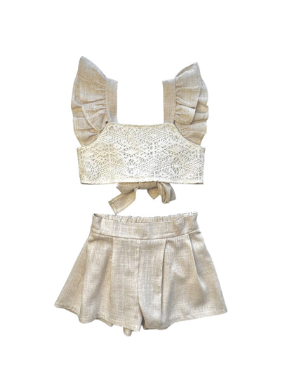 SWEET BABY LINEN SET WITH LACE TOP AND TIE AT THE BACK