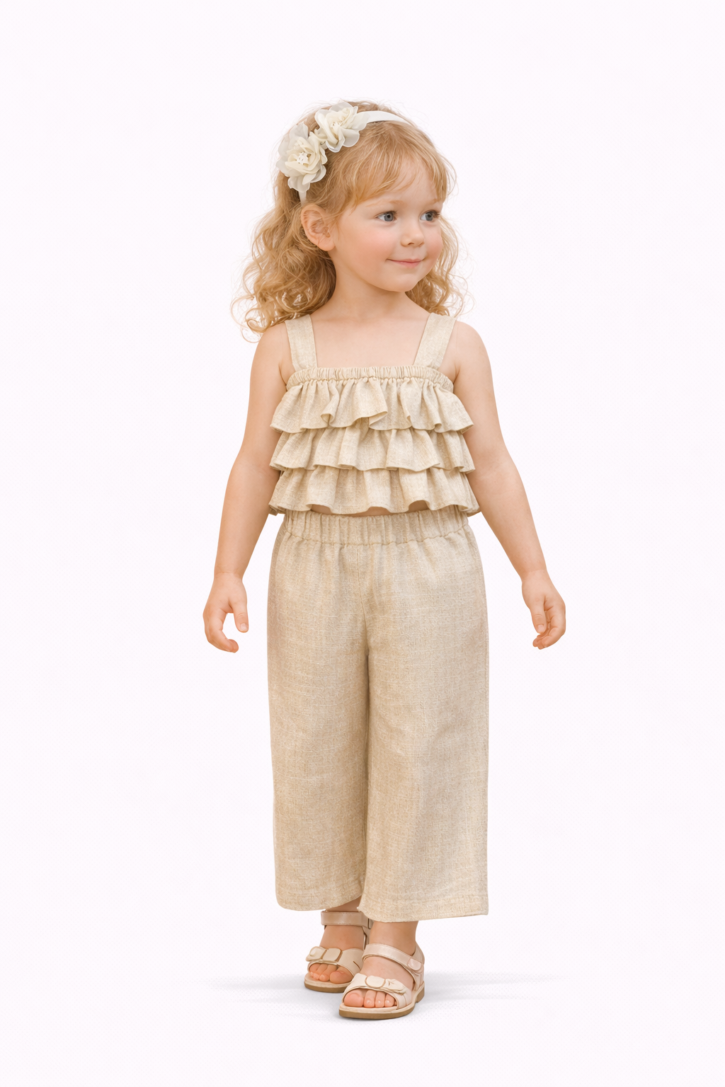 SWEET BABY LINEN SET WITH PANTHEON AND RUFFLED TOP