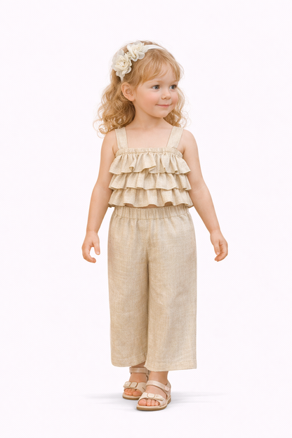 SWEET BABY LINEN SET WITH PANTHEON AND RUFFLED TOP