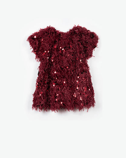 YELL-OH! BURGUNDY DRESS WITH FEATHERS & SEQUINS