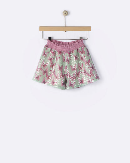 YELL-OH AVRA MINI SEQUIN FLUTTER BERMUDA SHORTS AQUA MIX