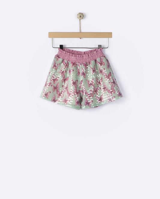YELL-OH AVRA MINI SEQUIN FLUTTER BERMUDA SHORTS AQUA MIX