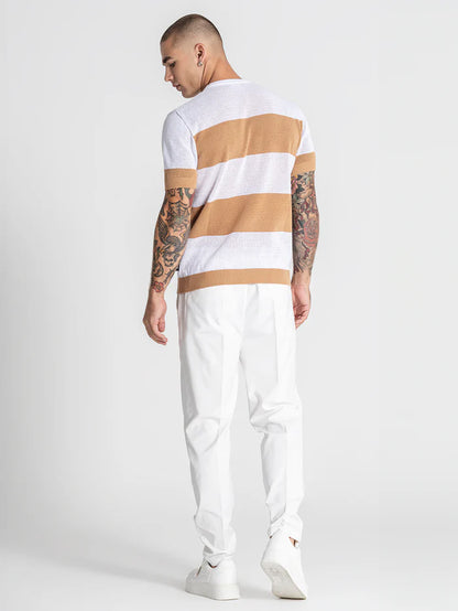 GIANNI KAVANAGH CAMEL STRIPED KNIT T SHIRT