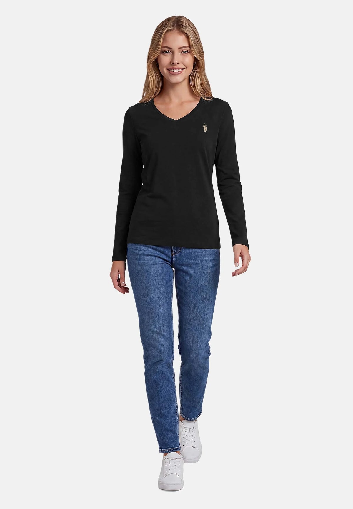 U.S POLO ASSN WOMAN LONG-SLEEVED COTTON V-NECK T-SHIRT