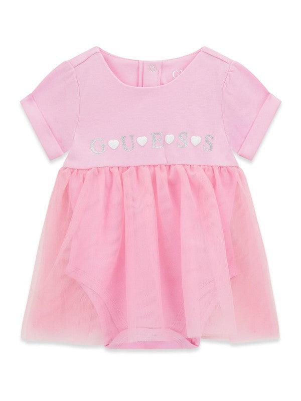 GUESS BABY GIRLS PINK COTTON JERSEY & TULLE ONESIE DRESS