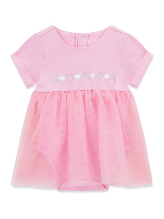 GUESS BABY GIRLS PINK COTTON JERSEY & TULLE ONESIE DRESS