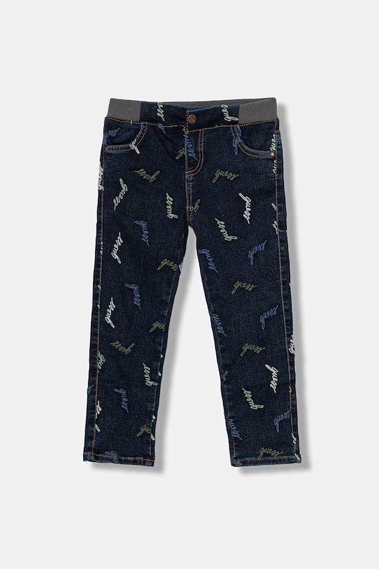 GUESS JEANS ALLOVER LOGO PRINT DENIM PANTS