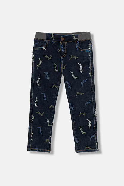 GUESS JEANS ALLOVER LOGO PRINT DENIM PANTS