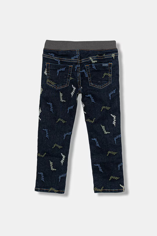 GUESS JEANS ALLOVER LOGO PRINT DENIM PANTS