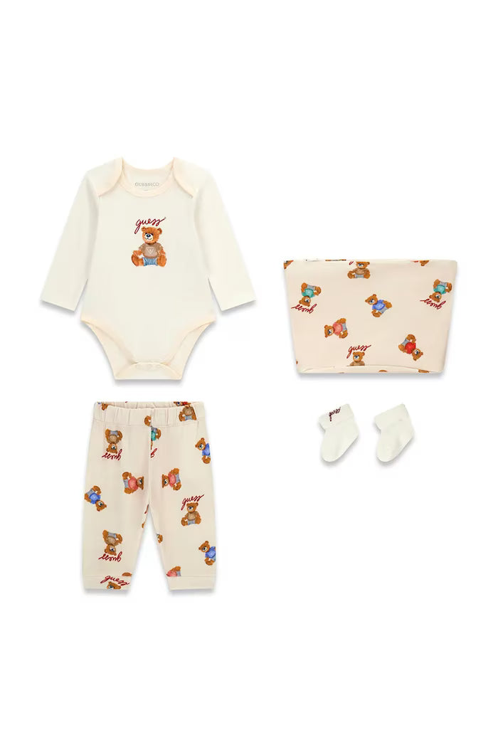 GUESS BABY TEDDY BEAR BODYSUIT GIFT SET IN IVORY