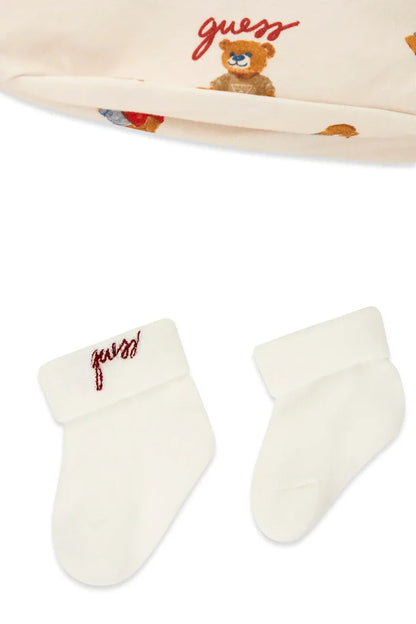 GUESS BABY TEDDY BEAR BODYSUIT GIFT SET IN IVORY