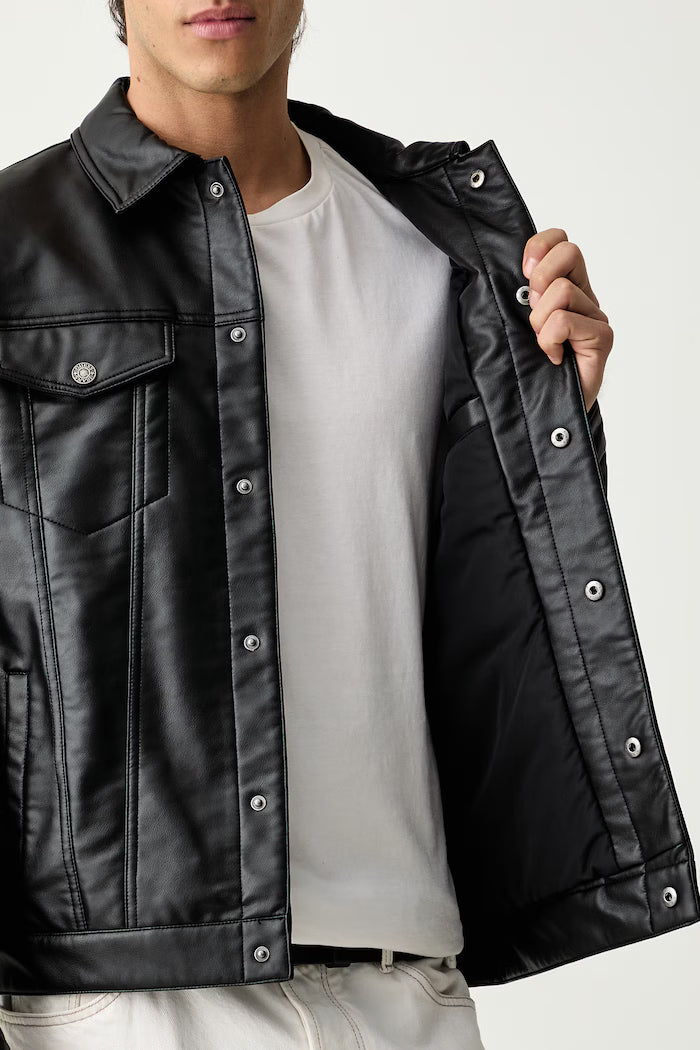 GUESS OVERFIT PU LEATHER TRUCKER JACKET