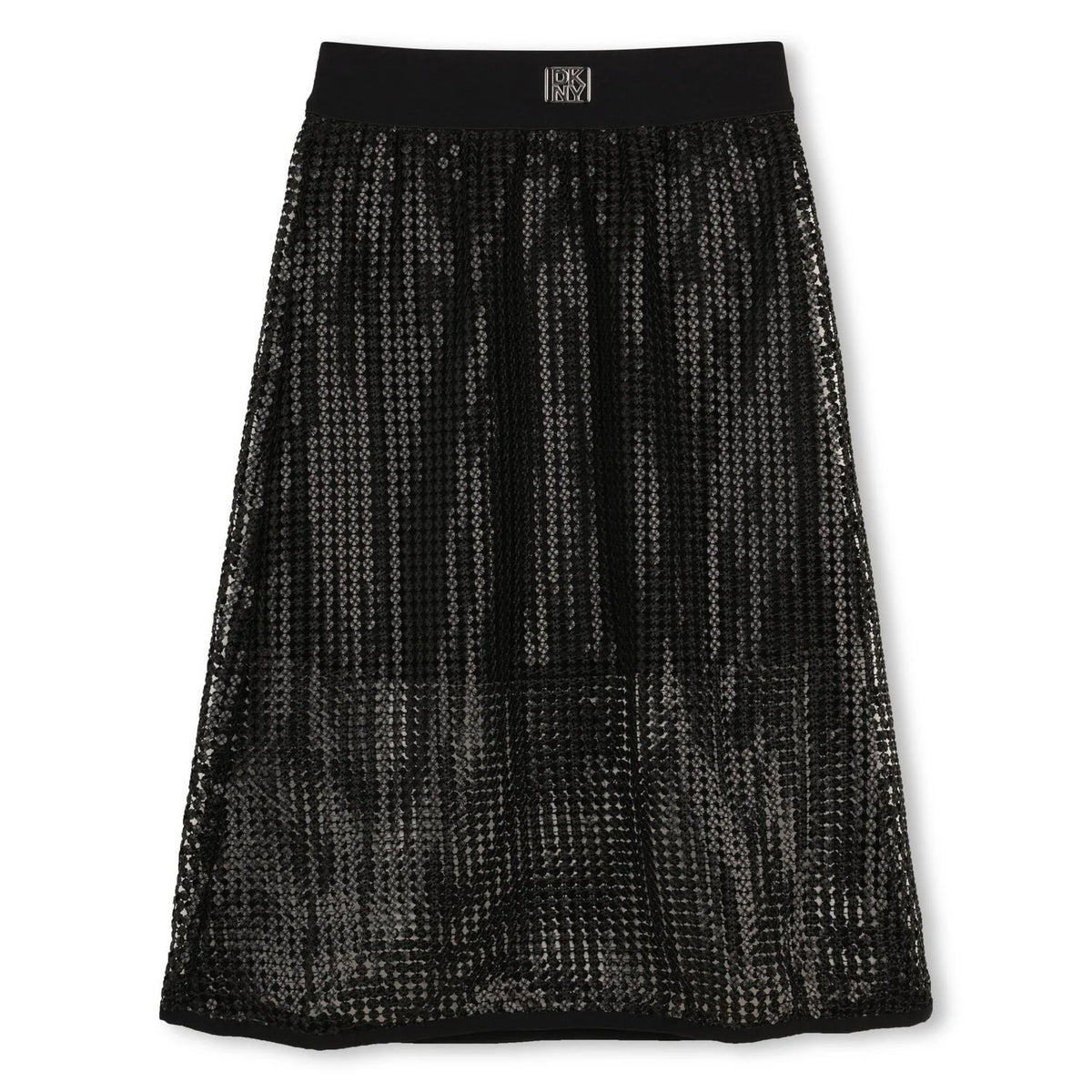 DKNY GIRLS BLACK LOGO SEQUIN MESH MIDI SKIRT