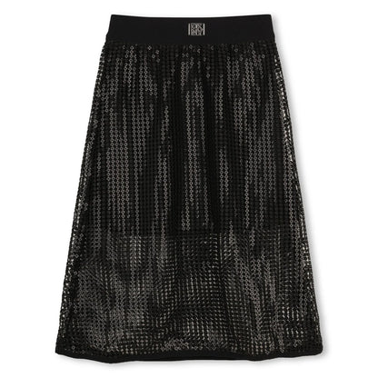 DKNY GIRLS BLACK LOGO SEQUIN MESH MIDI SKIRT