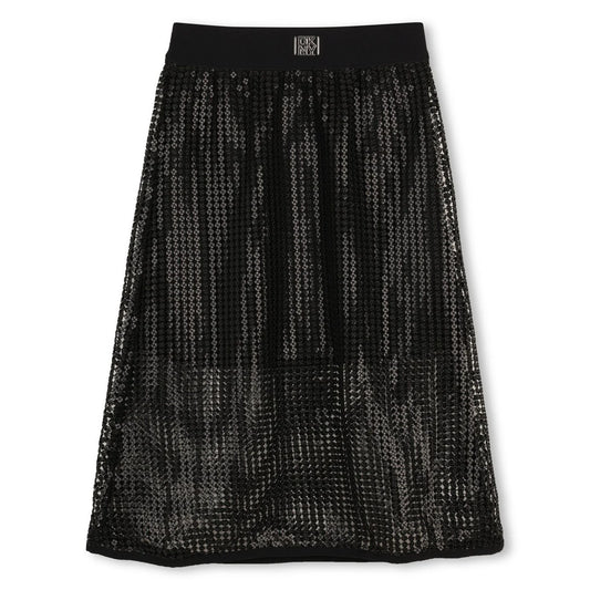 DKINY GIRLS BLACK LOGO SEQUIN MESH MIDI SKIRT