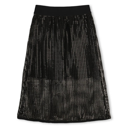 DKNY GIRLS BLACK LOGO SEQUIN MESH MIDI SKIRT