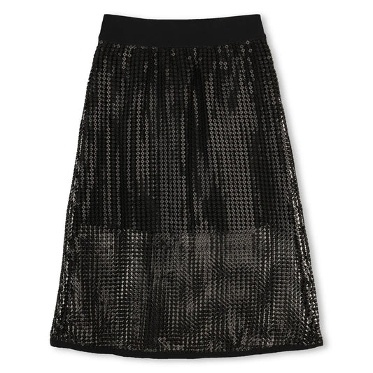 DKNY GIRLS BLACK LOGO SEQUIN MESH MIDI SKIRT