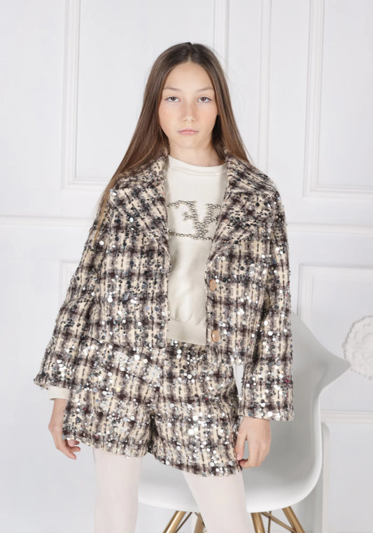 FUN FUN BLAZER WITH LONG FLARED SLEEVES IN TEXTURED FABRIC WITH SEQUINS