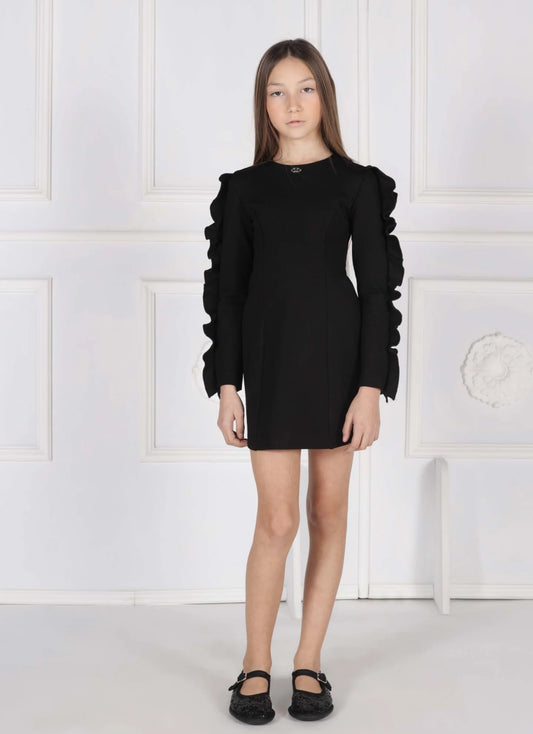 FUN FUN ROUND-NECK SHEATH DRESS IN MILANO STITCH WITH RUFFLES