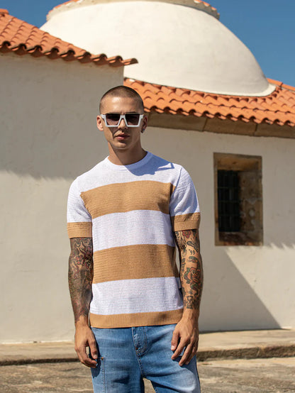 GIANNI KAVANAGH CAMEL STRIPED KNIT T SHIRT