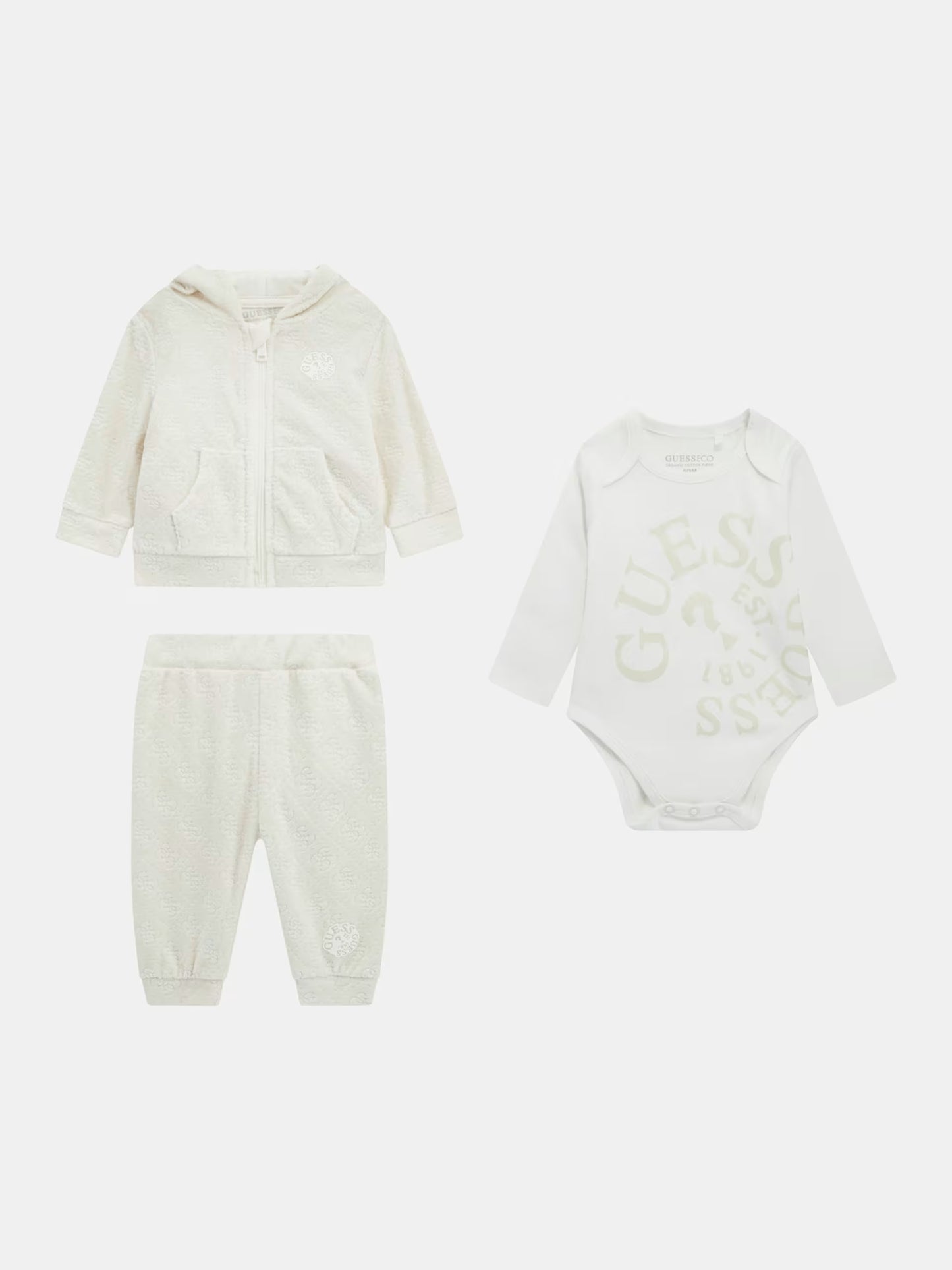 GUESS NEWBORN JACQUARD SET HOODED TOP LS BODY & PANTS