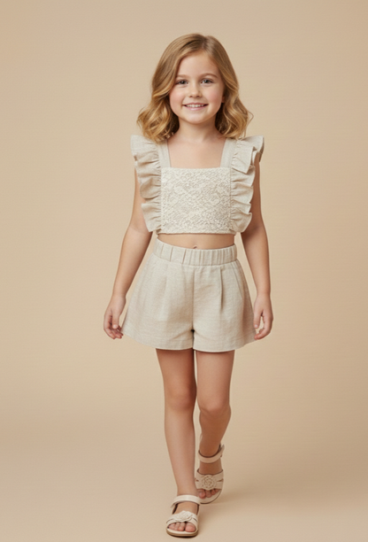 SWEET BABY LINEN SET WITH LACE TOP AND TIE AT THE BACK