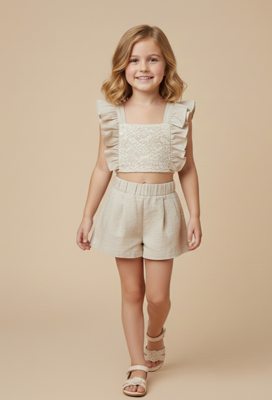 SWEET BABY LINEN SET WITH LACE TOP AND TIE AT THE BACK