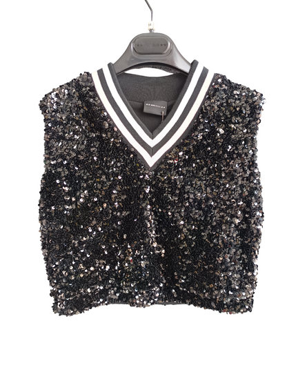 MARC ELLIS TOP - SEQUINED VEST WITH POINTED COLLAR IN STRIPED KNIT RIB