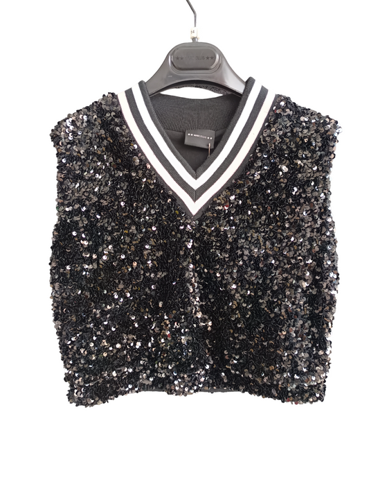 MARC ELLIS TOP - SEQUINED VEST WITH POINTED COLLAR IN STRIPED KNIT RIB