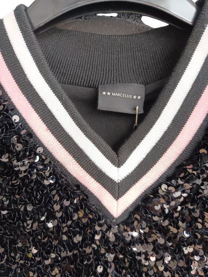 MARC ELLIS TOP - SEQUINED VEST WITH POINTED COLLAR IN STRIPED KNIT RIB