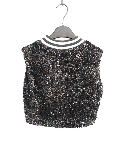 MARC ELLIS TOP - SEQUINED VEST WITH POINTED COLLAR IN STRIPED KNIT RIB
